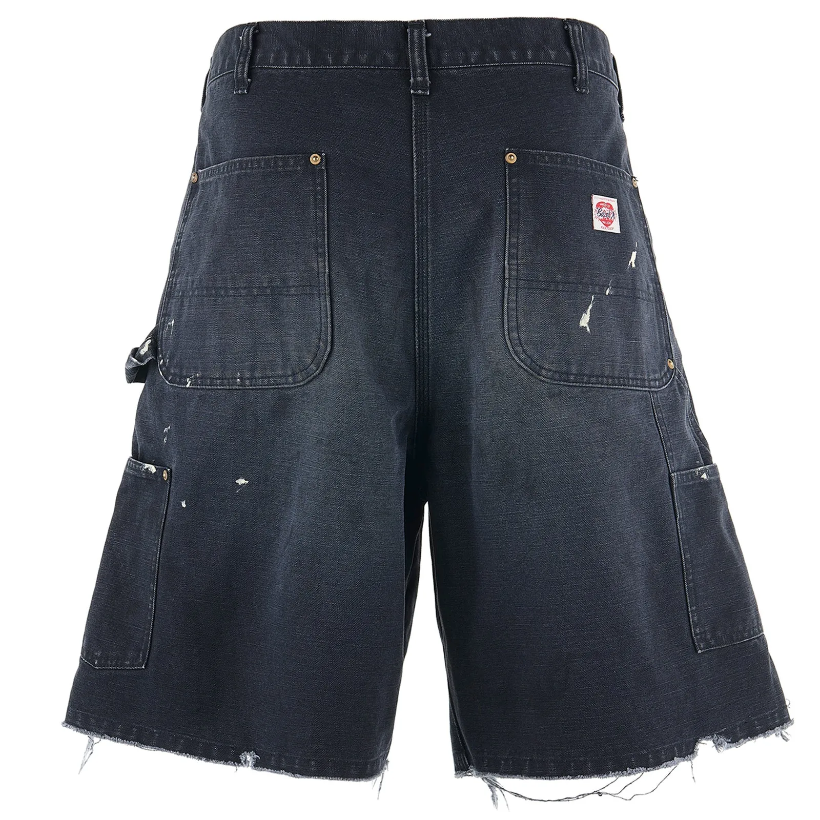 SAINT Mxxxxxx DOUBLE KNEE SHORTS/BLK Knee patches splashed with ink and water-splashed denim shorts. Washed black S-XL. Custom-woven and dyed denim fabric with clear texture. Heavy-wash water-fading treatment to create local mottled fading/hole effects. Artificial distressing to simulate natural traces of wear. VINTAGE. Original consistent damage treatment. Hand-splashed ink and paint. Original consistent wash water mark/pocket mark. Double knee patch. Rivet reinforcement. Improve functionality while enhancing design